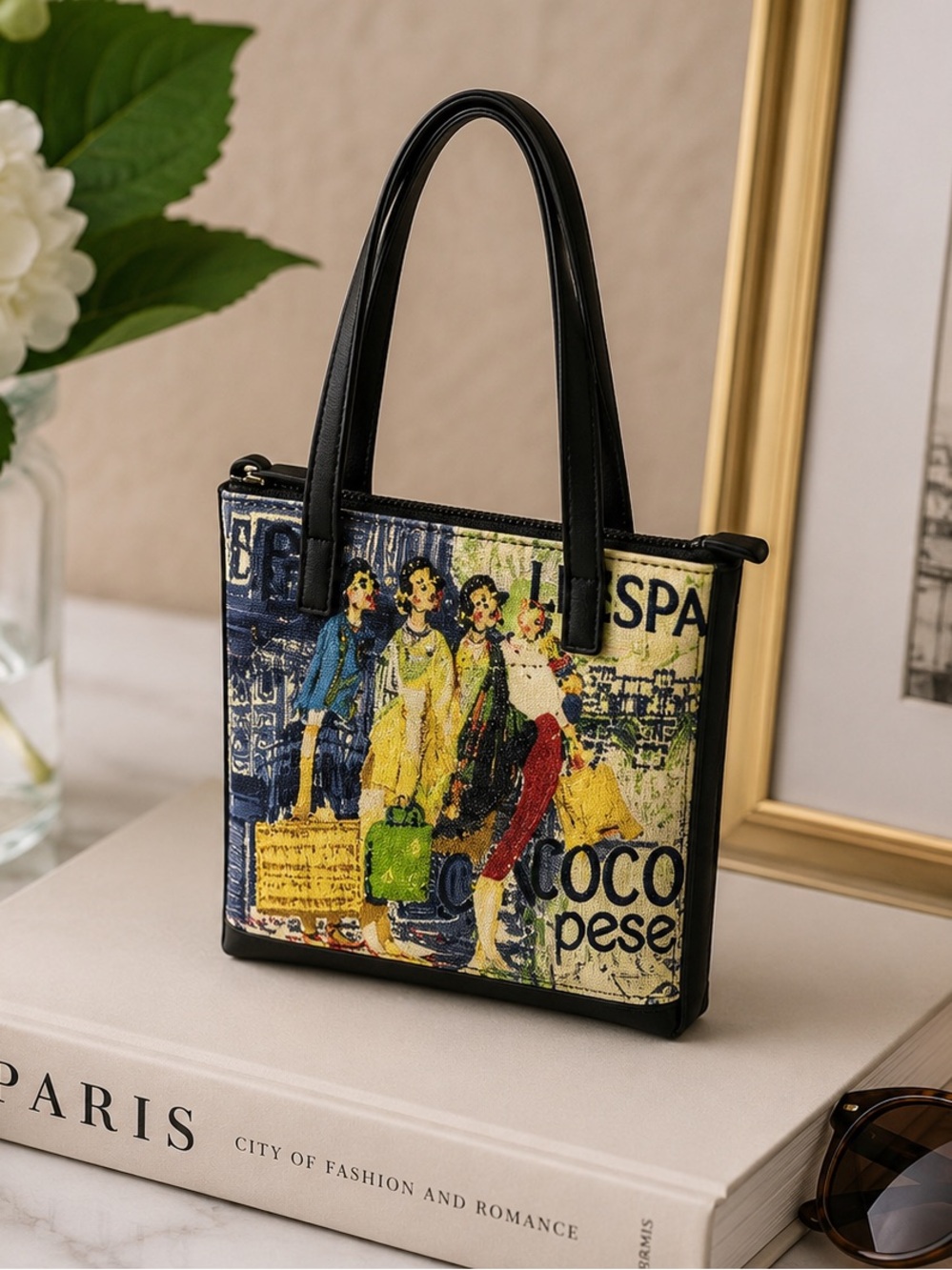 Frankie & Johnny Paris Fashion Print Mini Tote Shoulder Bag Beaded Canvas Black